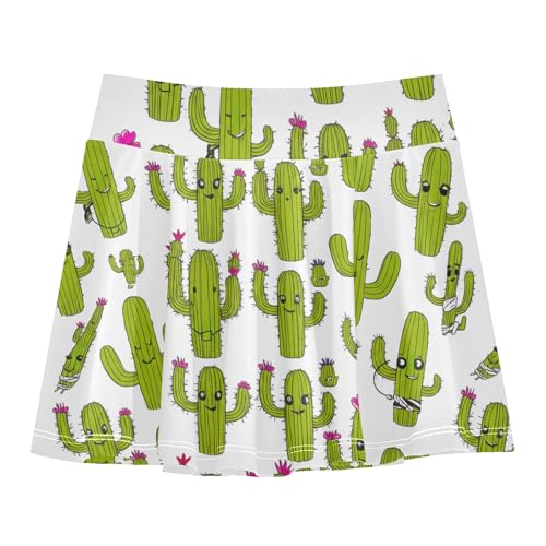 Cute Funny Cactus Green White Girls Athletic Skirt Flowy Golf Tennis Skort Kids Cheer Skorts with Shorts Size 5-6