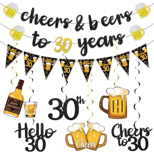 Black Gold Dirty 30th Birthday Decorations for Him Men Glitter Pre-Strung Cheers to 30 Years Banner Hello 30 Hanging Swirls Paper Triangle Flag Banner Decorations Bday Party Supplies Kit