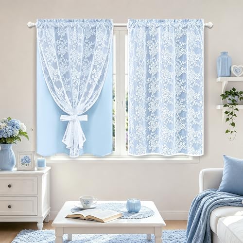 Image of Yinhua Blue Kitchen Curtains 36 Inch Length Double Layer Blackout Cafe Curtains with Floral Sheer Overlay Rod Pocket Short Curtain for Windows, Small Window Curtain for Bathroom, Living Room, 2 Panels