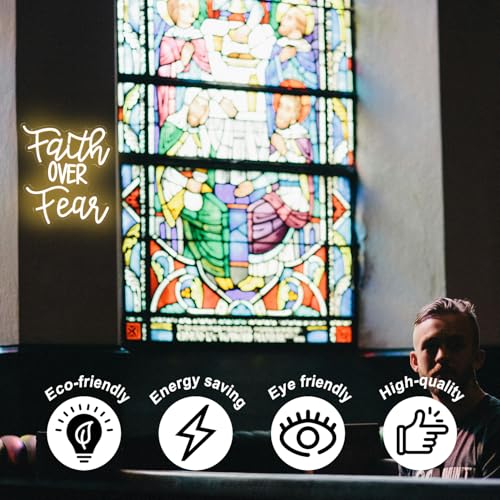 Image of Faith Over Fear Neon Sign Christian LED Neon Light for Bedroom Church Decor | Dimmable Jesus LED Sign, Warm White Letter Neon Light Sign, Christian Religious Sayings, USB Powered, Acrylic Wall Art, Gifts