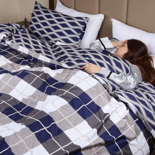 Imperial Rooms Single Duvet Cover Set Soft Printed Bedding Set Brushed Microfiber Duvet Covers with Pillowcase (Navy Check 135x200 CM) - Image 4