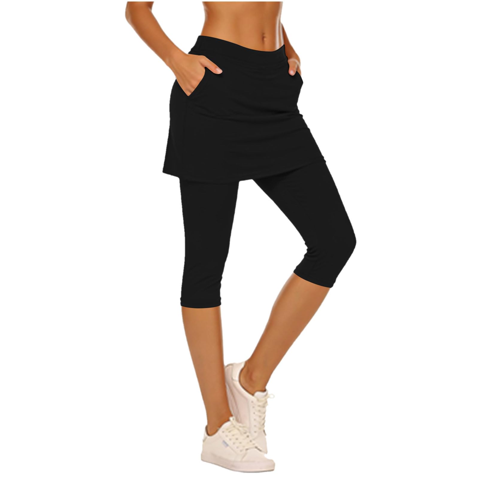 Skirted Leggings for Women Tummy Control High Waisted Summer Capri Pants Athletic Tennis Yoga Leggings with Pockets