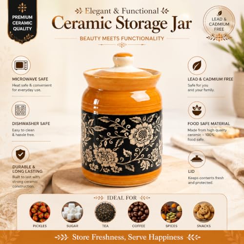 Image of D'Maiolica Ceramic Handmade Pickle Jars in 1000ml (set of 2) | Floral Bale 1 kg Achaar Martban | Ceramic Jadi for Kitchen Storage (Set of 2) | Jars for Achar, Spices, Salt (Yellow Black Full Floral)