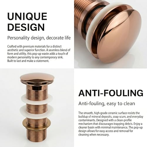 Image of BASSINO Premium 5 Inch Brass Waste Coupling /Washbasin Drainer /Rust-Proof Pop-Up for Basin /Drain Stopper for Tabletop, Wall-Mount & Pedestal Wash Basins(Glossy-Rosegold)