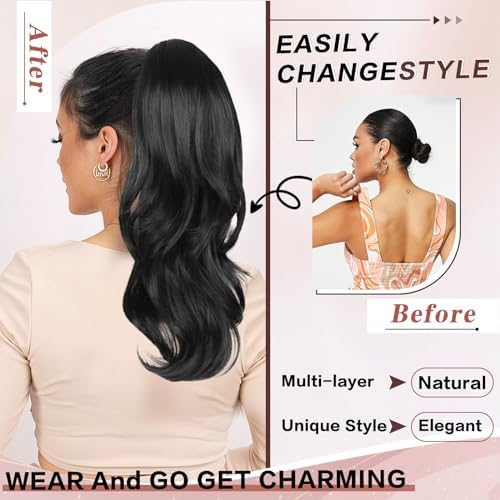 ponytail extension, black drawstring ponytail extension for women long wavy pony tails hair extensions synthetic wavy clip in ponytail hairpiece for women, 20 inch 20 inch black