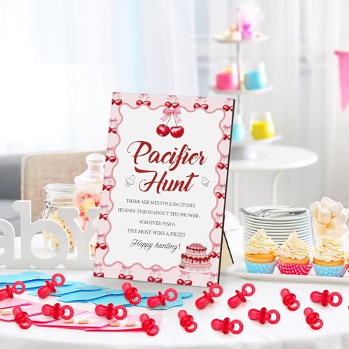Image of Thyle 51 Pcs She's Our Cherry on Top Theme Baby Shower Games Red Cherry Pacifier Hunt Include Hunt Sign and 50 Acrylic Pacifiers for Baby Shower Game Decoration Gift Sets Gender Reveal Party Decor