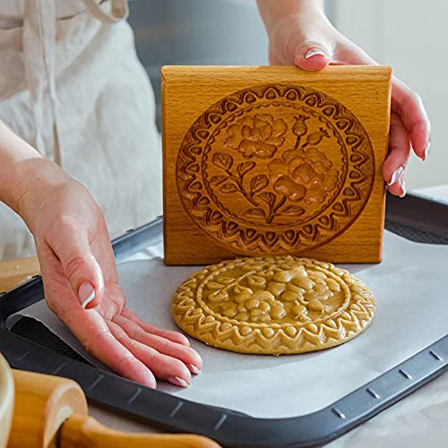 Carved Wooden Gingerbread Cookie Mold 3D Wooden Baking Mold Cookie Biscuit Press Stamp Molds Cookie Cutter Cookie Stamp DIY Biscuit Stamp Mould for Halloween Thanksgiving Christmas(Rose hips-Small)