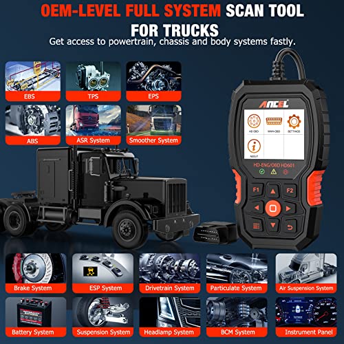 ANCEL Heavy Duty Truck Scanner HD601 All System Diesel Diagnostic Scan Tool fits for Cummins, Detroit, Freightliner, International, Paccar, Check Engine for Truck & Car 2 in 1 Code Reader