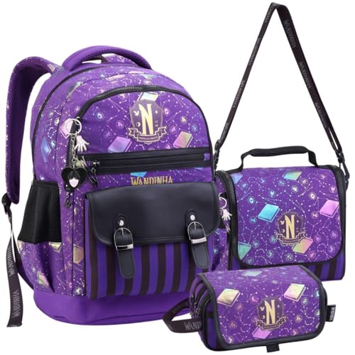 Kit Escolar Wandinha 3 Peças, Mochila de Rodinhas, Bolsos e Alças Acolchoadas, Lancheira Térmica, Estojo 3 Compartimentos, Material Resistente (Lilás)