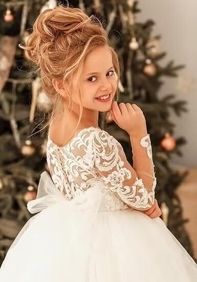 Flower Girl Dress Long Sleeves Tulle First Communion Pageant Dresses for Girls Lace Applique Birthday Party Prom Ball Gowns4