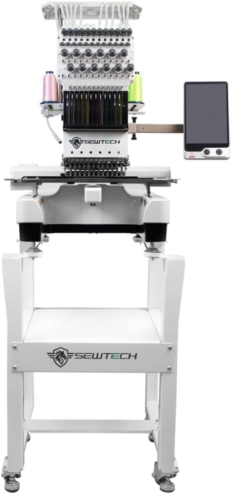SEWTECH 12 Needles Embroidery Machine with 200x360 mm Embroidery Area, 1200 SPM Max Speed, WiFi/USB Transfer with 10" Touch Screen, Commercial Embroidery Machine for Hat, T-Shirt, Flat, Sock