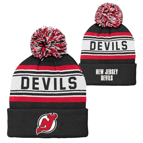 NHL Kids Youth Official Primary Logo Sport Knit Cold Weather Cuffed Pom Beanie Hat (US Alpha One Size New Jersey Devils)