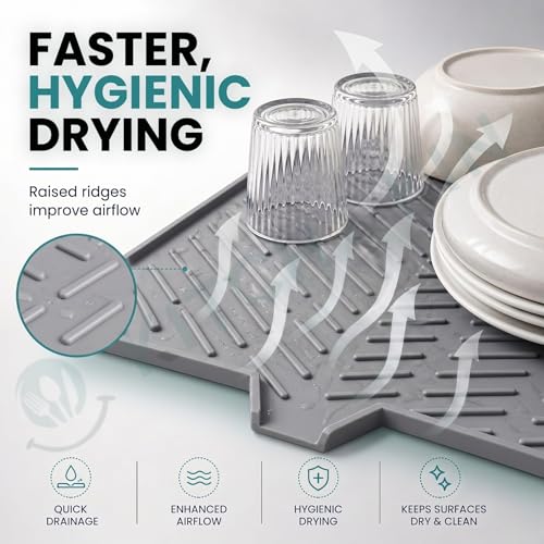 Image of Large Silicone Dish Drying Mat for Kitchen Sink 23 x 17 Inches, Silicone Kitchen Drying Mat with Drain Lip, Dish Drainer Mat for Utensils Plates Cups, Non Slip Sink & Counter Drying Mat