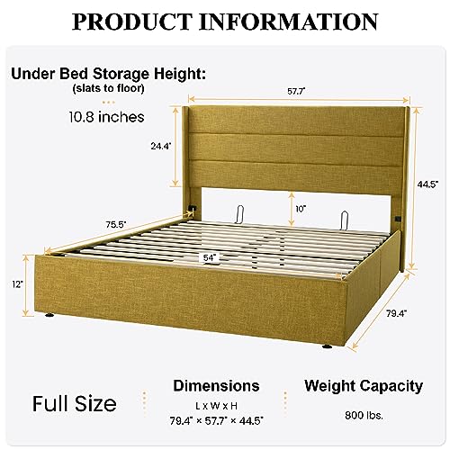 SHA CERLIN Full Size Lift Up Storage Bed/Modern Wingback Headboard/Upholstered Platform Bed Frame/Hydraulic Storage/No Box Spring Needed/Wood Slats Support/Olive Yellow