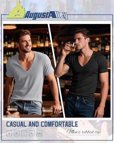 3 Pack Men's Deep V Neck T-Shirts Ribbed Knit Slim Fit Muscle Tee Shirts Summer Casual Low Cut Stretch Tops3