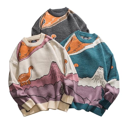 Image of Arssm Mens Oversized Dinosaur Sweater Knit Crewneck Vintage Tops | Unisex Cartoon Sweater, Pullover, Long Sleeve, Cozy Sweater