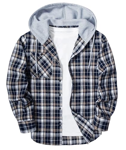 Image of Hooded Flannel Shirts for Men Plaid Long Sleeve Flannel Jacket Hoodies | Button-Down, Lightweight Coat, Classic Plaid Shirts with Hood, Flannel Hoodies with Pocket