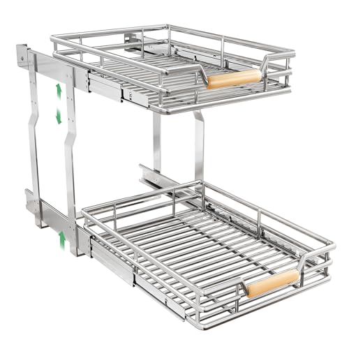 Image of Pull out Cabinet Organizer, 2 Tiers 15 inchW X 21 inchD, Heavy Duty Smooth Sliding Under Cabinet Shelves for Pots and Pans, Full-Extension Roll out Drawers, Slide out Organization for Home Kitchen Pantry