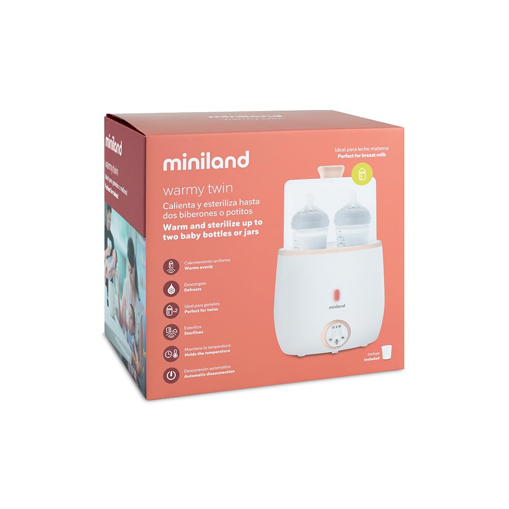 Miniland - Warmy Twin Calienta Biberones y Esterilizador, Calentador Rápido de Alimentos para Bebés 2-en-1, Calentador con Pantalla Digital Control Preciso Temperatura para Leche Materna (Beige)
