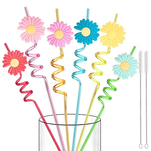 LEDUO 24 Pcs Reusable Daisy Flower Drinking Straws-Spring Summer Beach Pool Birthday Party Supplies Favors Decorations-Girl Groovy Daisy Crazy Straws for Kids Themed Party Decor Gift Favors