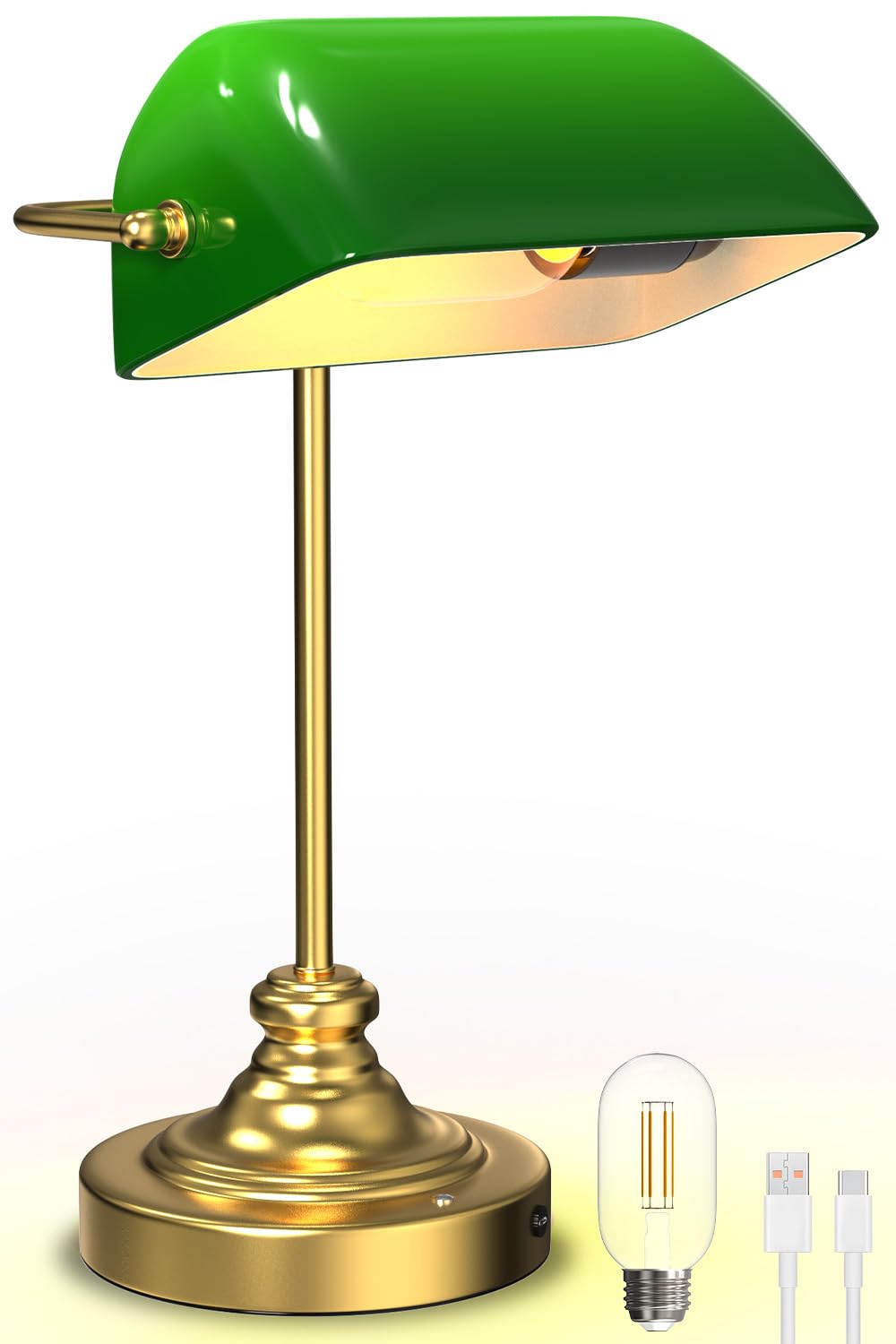 LGMCF Kabellose Bankerlampe, 6000mAh Wiederaufladbare Vintage-Schreibtischlampe mit Touch-Steuerung, dimmbare Klassische Tischlampe aus Glas Grün für Home Office, Bibliothek, Wohnzimmer, Arbeitszimmer