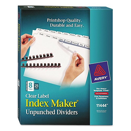 Avery 11444 Clear Label Index Maker, Unpunched, 8-Tab, White, Letter, 25 STS/BX