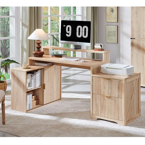 Image of 67 inch Modern Desk with Cabinet & 2 Drawers, Office Desk Built‑in Outlet | luted Computer Writing Desk, storage cabinet with sliding doors, Oak