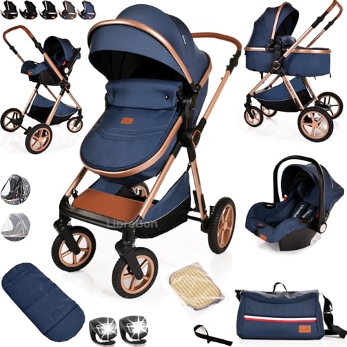 Baby Buggy Pram Pushchair Stroller 3 in 1 Child Lightweight Folding Stroller 3 in 1 Travel System Pram for Newborns & Toddlerss from Birth (Blue Gold)