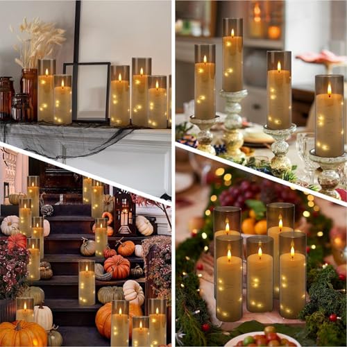 Image of 24 Pack Flameless Candles with Embedded Star String Fairy Lights, Battery Operated Candles, LED Candle, Fake Candles with Remote Control and Timer, Grey,(D2.2 x H 5 inch 6 inch 7 inch)