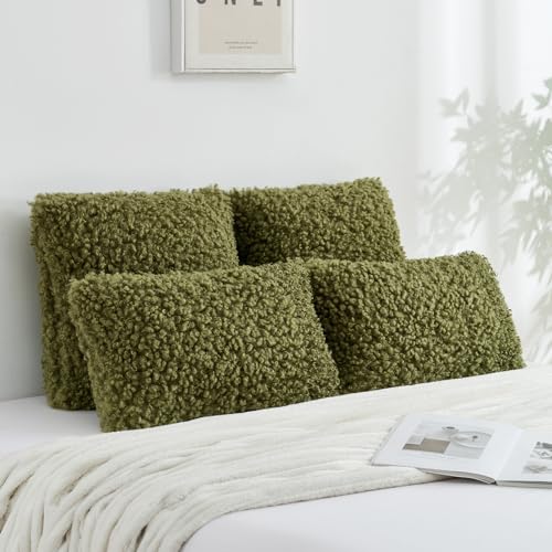 FUTEI Olive Green Decorative Throw Pillow Covers 22x22 Inch Set of 2,Soft Fluffy Faux Wool Fur Boucle Textured Cushion Case,Modern Home Decor for Couch Bed Living Room Office