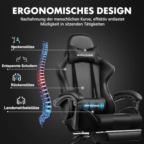 GTPLAYER Gaming Stuhl, Bürostuhl, Ergonomischer Pc Stuhl, Gaming Sessel mit Massagelendenwirbelstütze, Task Stühle mit Fußstütze und Kopfstütze, Schwarz Kunstleder