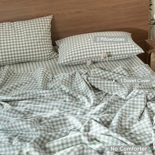 Image of MooMee Gingham Duvet Cover Set 100% Washed Cotton Linen Like Textured Breathable Durable Soft Comfy Modern Checkered Design (Sage Green Gingham, Queen 90 inchx90 inch)