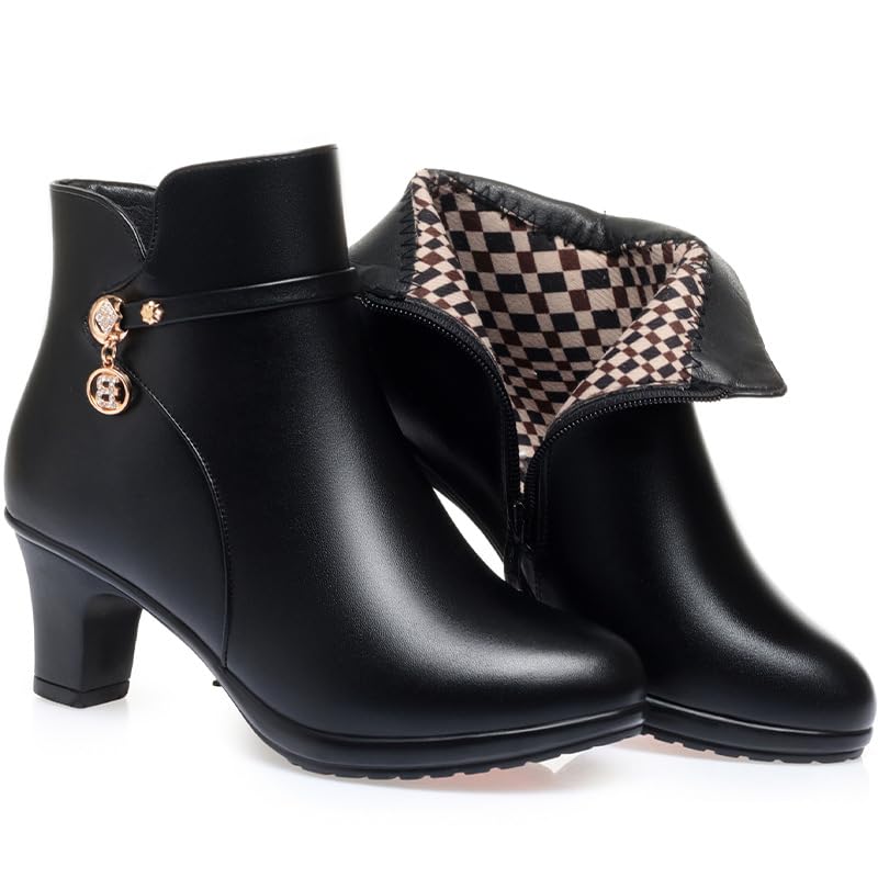 Womens Mid Block Heel Ankle Boots Fashion Rhinestones Buckle Decor Comfort Warm Fur Lined Chunky Heels Snow Boots