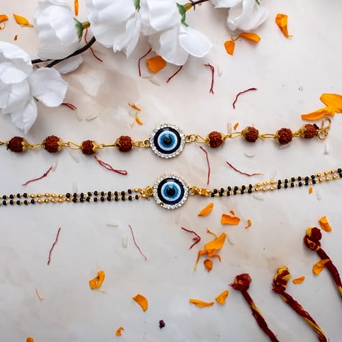 Image of SAUDEEP INDIA Evil Eye Stone-Rudraksh Rakhi /Bracelet Set for Bhaiya-Bhabhi Couple Evil Eye Bracelet Set RakshaBandhan Gift