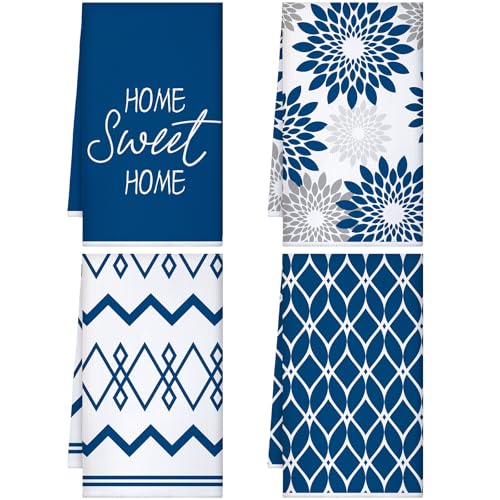 Kajaia 4 Pcs Blue Kitchen Towels Floral Dish Cloths Geometric Tea Towel Boho Decorative Hand Towels Absorbent Plaid Dishcloths Nautical Kitchen Accessories for Home Decor Bathroom Housewarming Gifts
