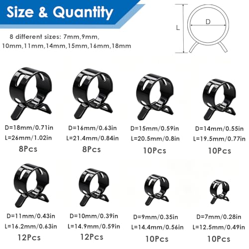 Tnisesm 80Pcs Spring Band Hose Clamps Assortment Kits Silicone Vacuum Hose Pipe Clamp 7mm 9mm 10mm 11mm 14mm 15mm 16mm 18mm Low Pressure Air Clip Clamp(Black) by Tnisesm - Image 2