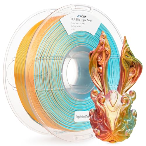 AMOLEN Silk PLA 3D Printer Filament, Tri Color Coral Gold Turquoise PLA 1.75mm, Shiny Multi Color Change Filament 3D Printing PLA Filament for Most FDM 3D Printer, 1kg Spool(2.2lbs)