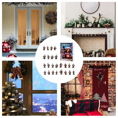 Weihnachtsbaum Dackel Anhänger Adventskalender 2024, 24-Tage-Weihnachts-Countdown-Kalender Dackel Anhängerbox Für Erwachsene, Kinder, 2D Acryl Dackel Hängeanhänger, Weihnachtsbaumschmuck