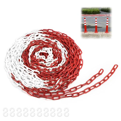 QWORK® Cadena barrera de plástico, cadena barrera 8mm 25M rojo blanco, para hoteles, aparcamientos, estaciones de tren
