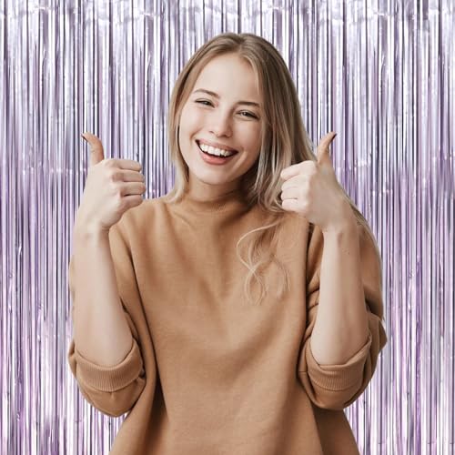 Image of Voircoloria 2 Pack Light Purple Foil Fringe Backdrop Curtains, Tinsel Streamers Party Decorations, Fringe Backdrop, Door Shimmer for Baby Shower or Birthday Party