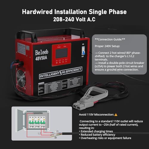 Image of 48V 50A Adjustable Battery Charger, Intelligent Charger for Lead-Acid & LiFePO4 Lithium Batteries, 240V AC Hardwired Charger for Forklifts, Golf Carts, Sightseeing Cars, Energy Storage Systems