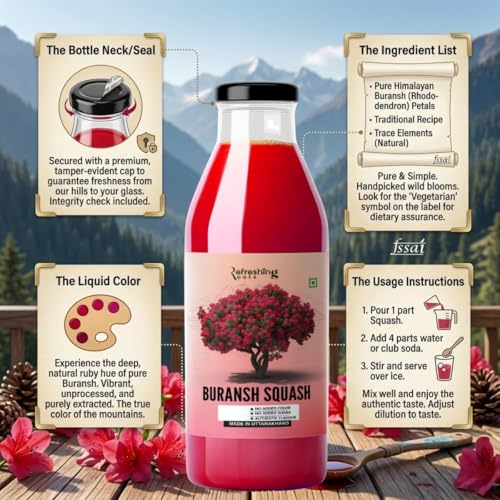 Image of REFRESHING ROOTS Uttarakhand Premium Buransh (Rhododendron) Squash, 900 ML Glass Bottle | Cold Pressed | Natural Health Drink | Added Honey | No Artificial Flavors | Rich in Antioxidants | Glass Bottle (300 ML * 3)