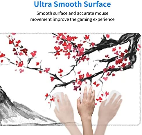 Gaming Mouse Mat Japan Ink Painting Mountain Sakura Sun Comfortable Extended Large Mouse Pad Waterproof Keyboard Mat with Non-Slip Base Stitched Edges Smooth Surface 800X300X3 mm