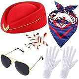 Bencailor 6 Pcs Halloween Women Flight Attendant Costume Accessories Stewardess Outfits Bellhop Hat Sunglasses Scarf Gloves(Red)