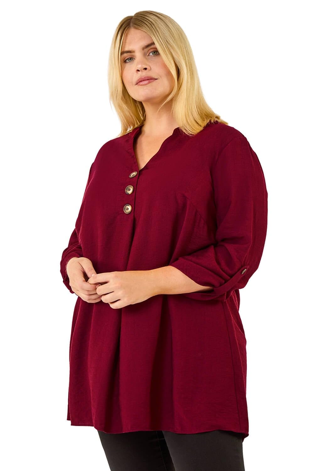 Roman Curve Women's Wine Textured Buttoned Tunic Top Size 16