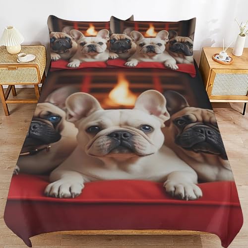 bladesgsd Cozy French Bulldogs Fireplace King Size Bed Sheets Comforter Sets 3pcs Bedding Set with 2 Pillowcases for Bedroom Mens Womens 102"x90"(King)