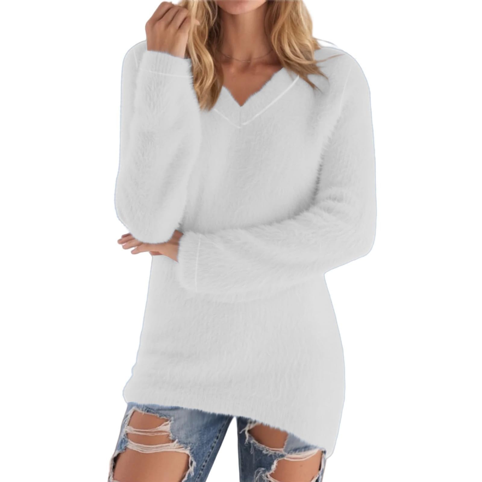 Womens Cute Sweaters Long Sleeve Fleece Pullover Tops Lightweight Long Sleeve Thermal Sweaters Soft Fuzzy Sweater