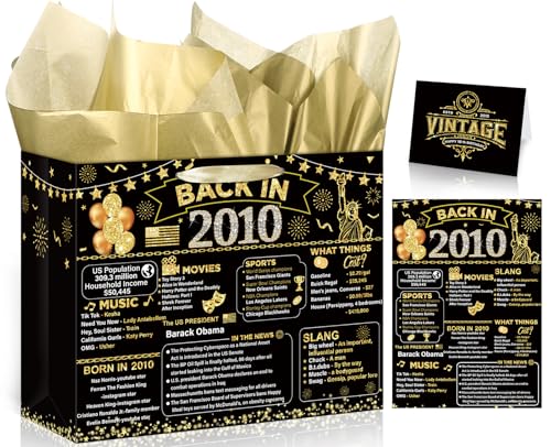 Double-Sided 16th Birthday Gift Bag with 2010 Poster, Card & Tissue Paper (11.8"x9.4"x5.3"), Vintage Back in 2010 Birthday Decorations Wrap Bag for Men Women, 16 Year Old Sixteen Bday Party Supplies
