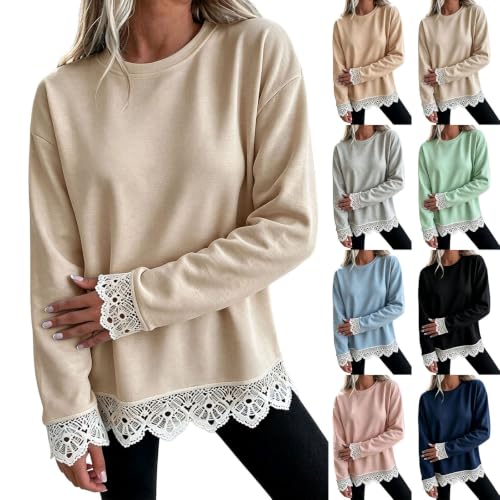 Oversized Crewneck Sweatshirts Women Scalloped Lace Trim Cute Pullover Tops - image 1