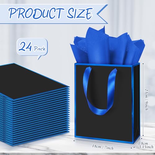 Image of Yeaqee 24 Pack Metallic Paper Gift Bags, Black, Blue | with Satin Ribbon Handle and Tissue, 9x7x3.1 Inch, Suit Business, Birthday, Christmas, Thank You Return Gifts Bags